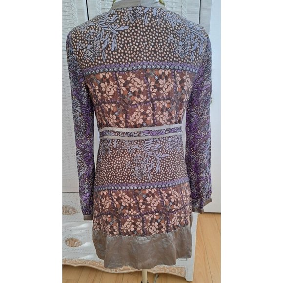 Magic Mystery Boho Bell Sleeve Tunic Top Multi Print Taupe/ Purple Sz S - Picture 3 of 9